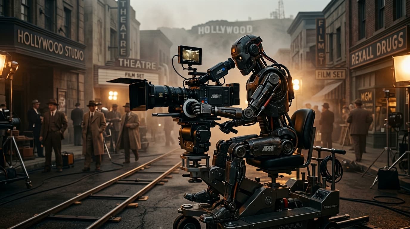 Yapay zekâ ile film üretimini temsil eden robot kameraman